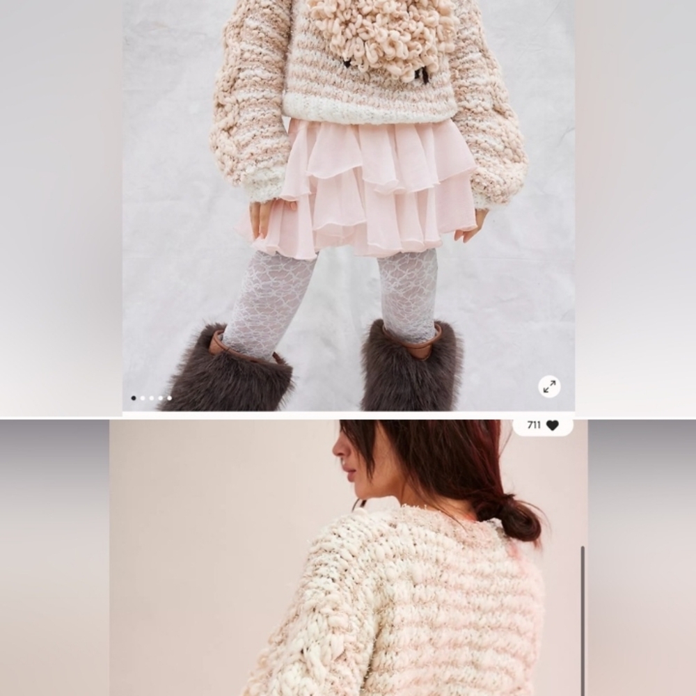 Free People Pink and Brown Chunky Knit Crew Neck Sweater